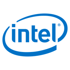 The word Intel in all lower case and surrounded by a blue circle